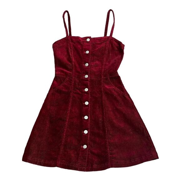 H&M Divided Burgundy Stretch Corduroy Fit & Flare Button Front Jumper Mini - Picture 1 of 5